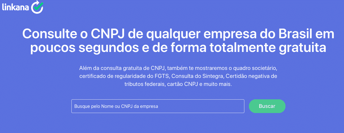 tela do sistema da Linkana para consulta de CNPJ