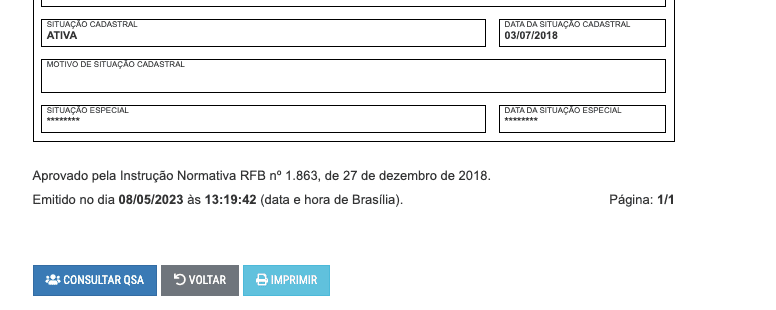 exemplo de consulta de quadro societário pelo CNPJ via Receita Federal