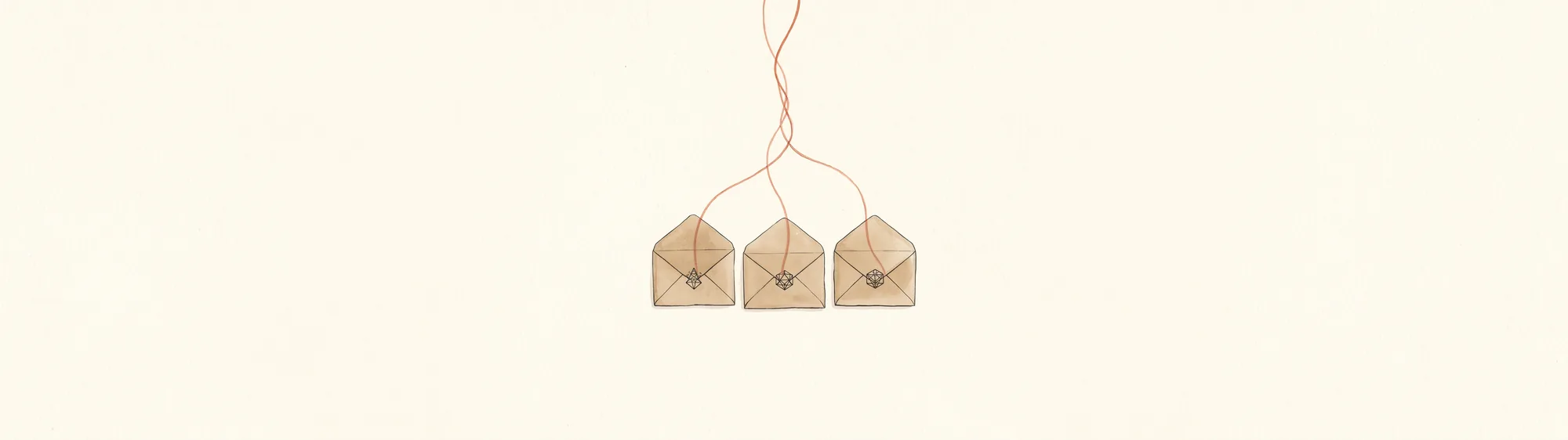 Três envelopes pardos lado a lado, cada um com um selo geométrico diferente, de onde saem três fios terracota que se trançam num fio só e sobem para fora do quadro