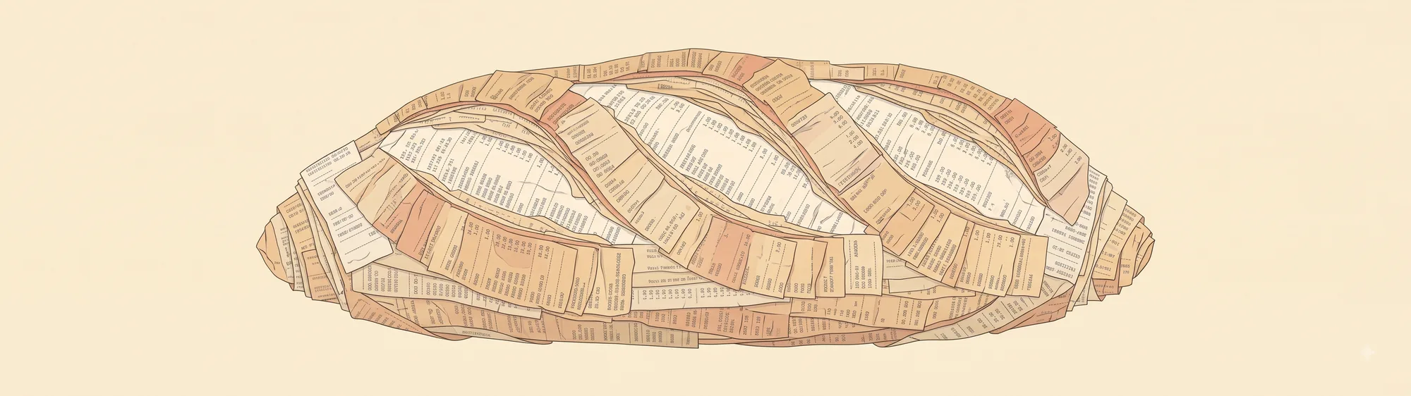 Um pão francês construído inteiramente de notas fiscais sobrepostas, com colunas de números visíveis e nenhum total legível