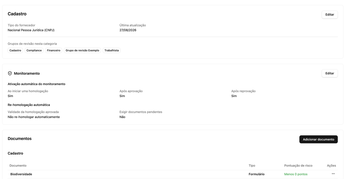 Tela de configuração de categoria organizada em cards, com o resumo do monitoramento e a lista de documentos por grupo de revisão