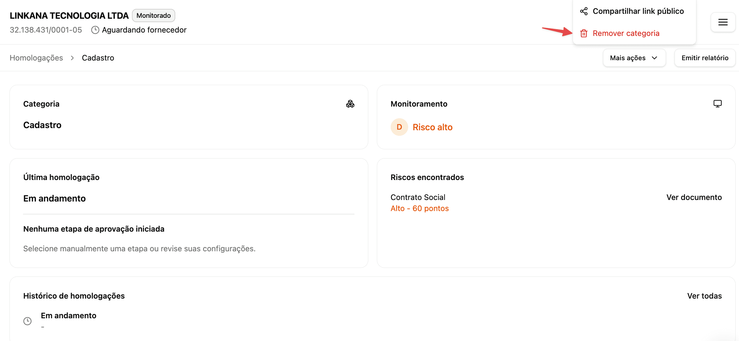Fornecedor: remoção de categorias