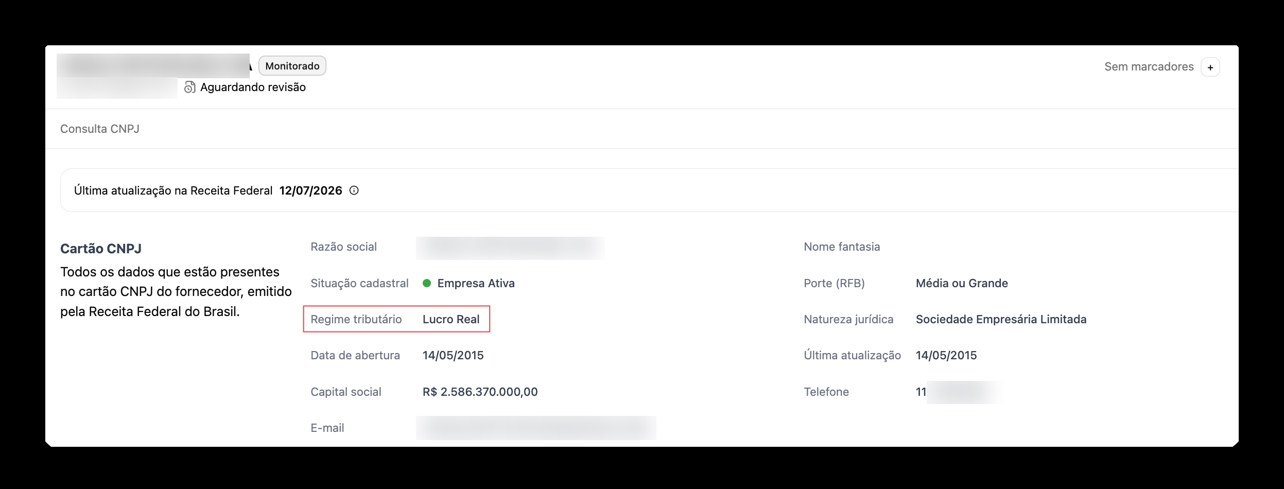 Cartão CNPJ de um fornecedor na Linkana com o campo Regime tributário em destaque
