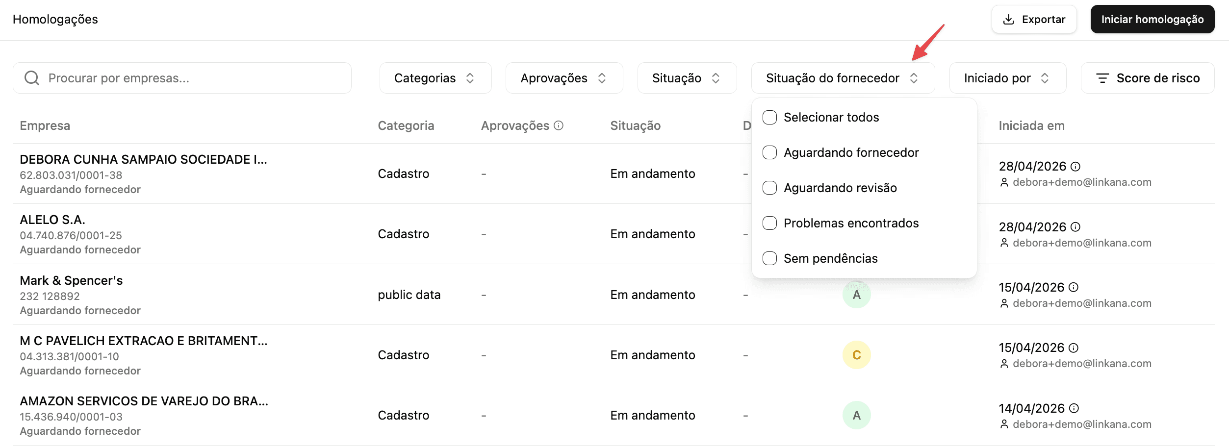 Homologações: filtro por status do fornecedor