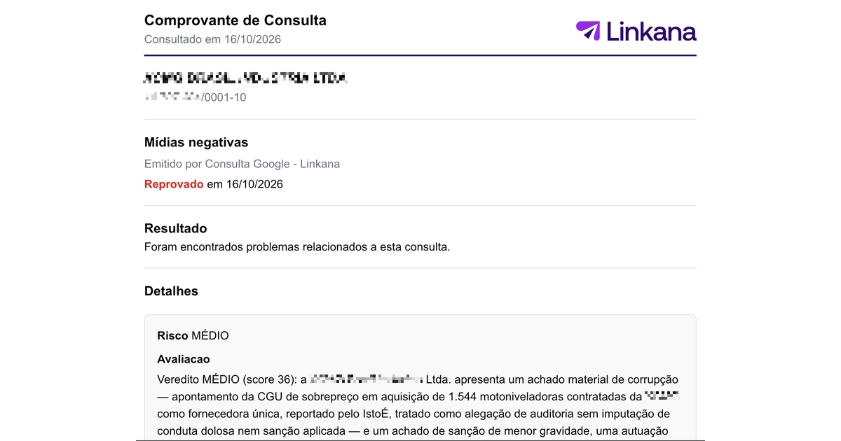 Comprovante da consulta de Mídias negativas com resultado Reprovado, risco MÉDIO e a avaliação do achado
