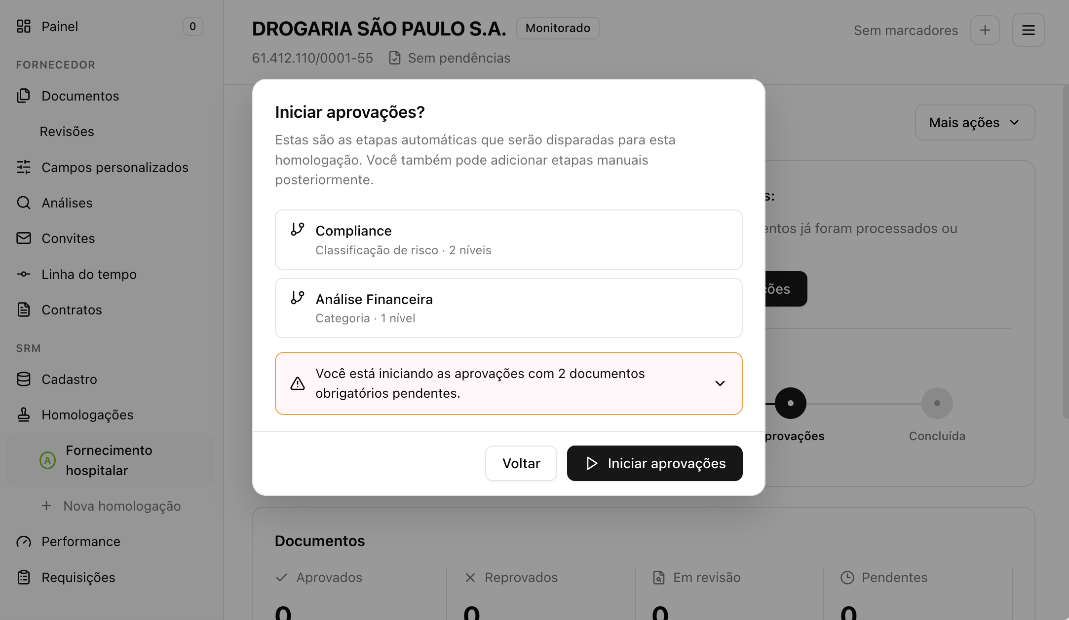Diálogo Iniciar aprovações mostrando as etapas Compliance e Análise Financeira antes de disparar a homologação.