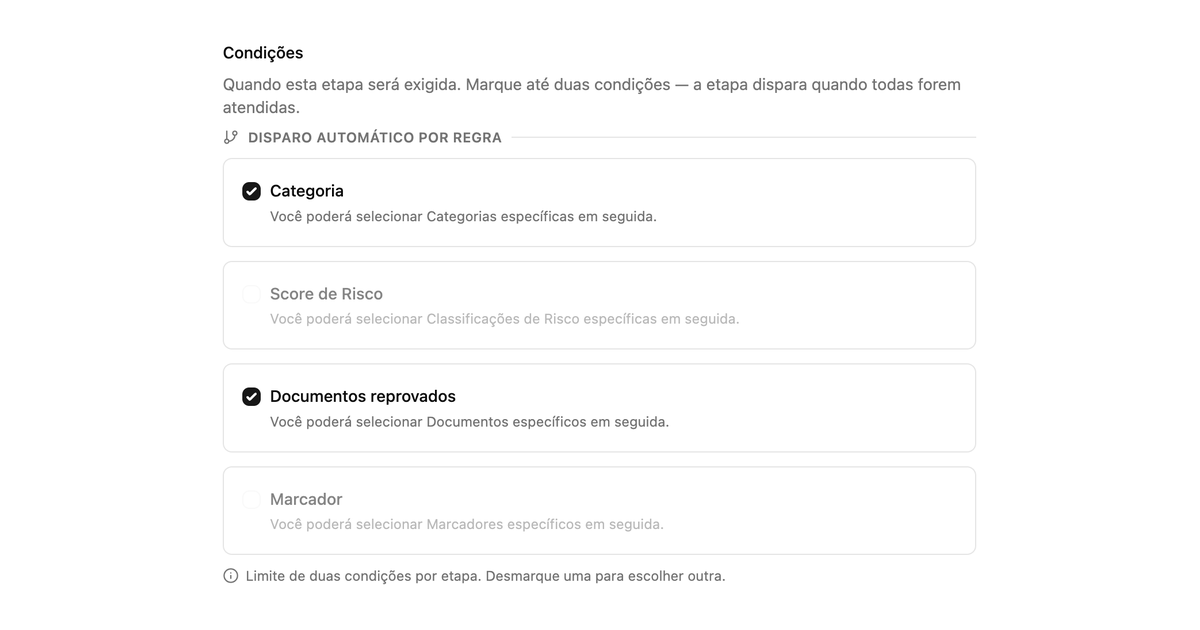 Campo Condições da etapa de aprovação com Categoria e Documentos reprovados marcados e o aviso de limite de duas condições