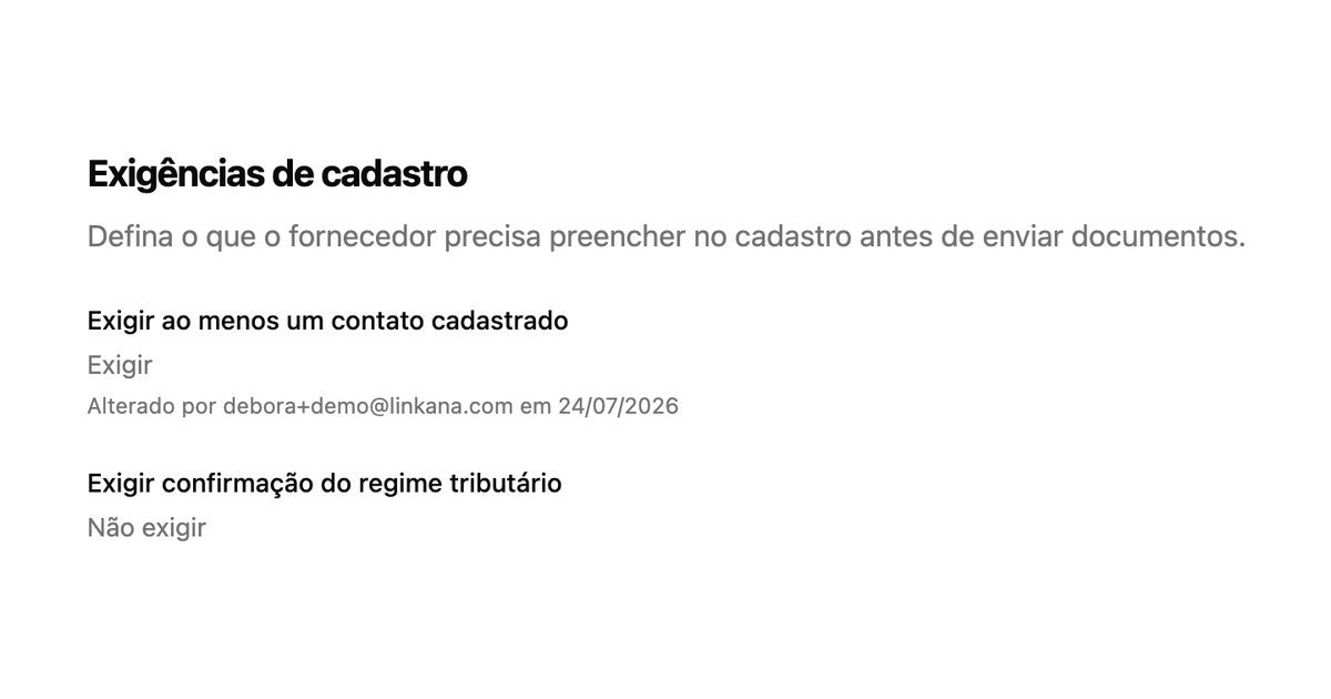 Tela Exigências de cadastro com a nova opção Exigir confirmação do regime tributário