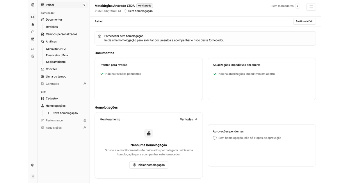 Painel de um fornecedor Sem homologação, com o aviso de fornecedor sem homologação, o card de Monitoramento com o botão Iniciar homologação e Aprovações pendentes sem etapas