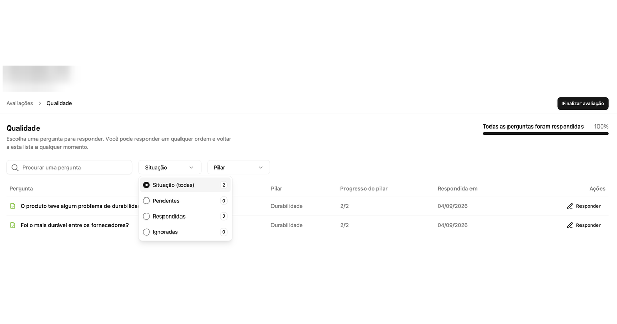 Índice de uma avaliação de Performance, com busca, filtros por situação e pilar, progresso por pilar e a lista de perguntas